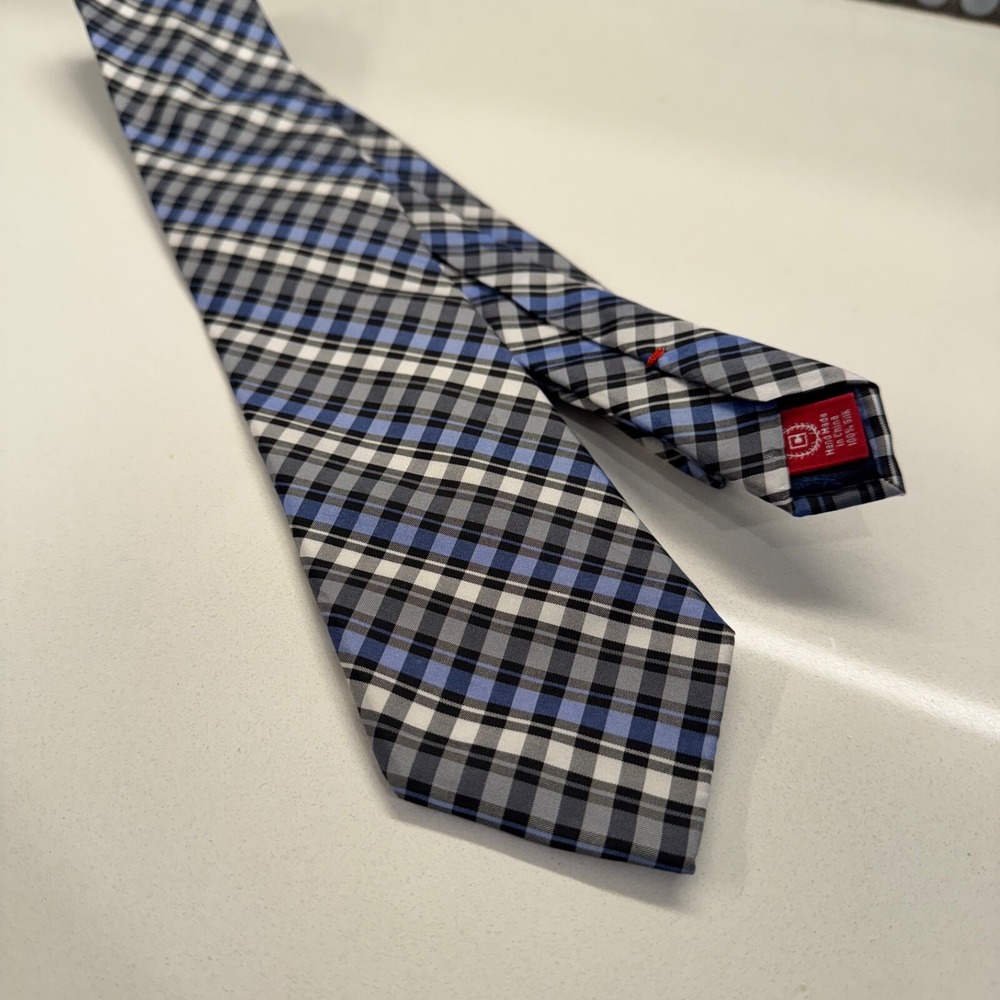Chaps Tie Blue Geometric Plaid Pattern 100% Silk Necktie Luxury‎ Mens Preppy